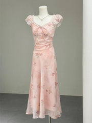 French Holiday Style Sweet Summer Dresses Women New Fashion Floral Pink Chic Long Dress Female Elegant Korean Popular Clothes
