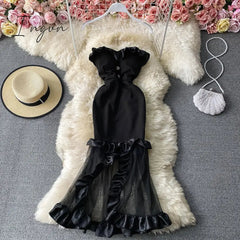 Ingvn - Trends high quality Women Spaghetti Strap Sexy Dress Strapless Bodycon Slim Red Dinner Party Dresses Mesh Patchwork Female Summer Long Dress