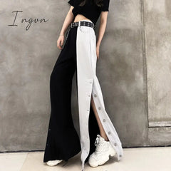 Ingvn - Women Fashion Contrast Cargo Pants Female New Arrival Elastic Waist Wide Leg Trousers Ladies Korean High Street Cotton Pant