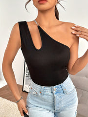 Summer One Shoulder Tank Top, Chain Decor Casual Cut Out Sleeveless for Women