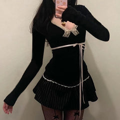Contrast Lace Bow Cropped Top Sweet Coquette Square Collar T Shirts Black Casual Full Sleeve Tee Women y2k Aesthetic Lady