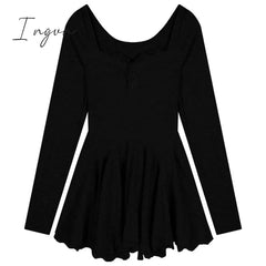 Ingvn - Long Sleeve Lace Mini Dress Woman Lolita Kawaii Dress Party Casual Slim Pure Color Elegant Dress Korean Style Female