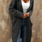 Cozy Micro-Elastic Plus Size Women's Long Sleeve Open Front Hooded Cardigan with Pockets for Casual Daily Wear - Solid Cable