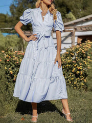 Tiered Striped Puff Sleeve Midi Dress