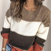 Women's Casual Color Block Knit Sweater - Long Sleeve, Crew Neck Pullover for Fall/Winter, Soft Nylon Blend