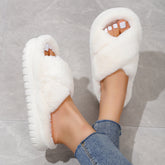 Womens Faux Fur Platform Slippers - Ultra-Soft Open Toe Design with Criss Cross Straps - Solid Color Casual Indoor Slides for Cloud-Like Comfort
