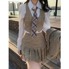 New Korean Temperament Short Suit Jacket + White Shirt + High Waist Pleated Skirt Three-piece Women's Clothing Campus Wear