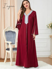 Ingvn - Party Dress Muslim Women Abaya Prayer Caftan V Neck Diamond Maxi Dresses Robe India Abayas Dubai Longue Vestidos Largos