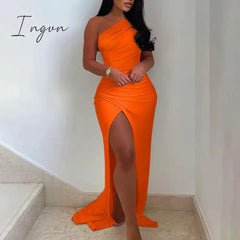 Ingvn - New Summer Elegant Solid One Shoulder High Split Thigh Ruched Maxi Floor Dress White Sexy Corset Asymmetric Party Robes Female
