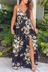 Ingvn - Sexy Vacation Floral Slit V Neck Printed Dress Dresses