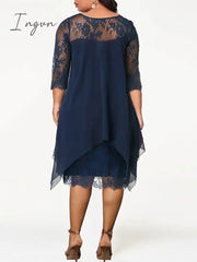 Ingvn - Women's Plus Size Party Dress Solid Color Crew Neck Lace 3/4 Length Sleeve Spring Summer Casual Prom Dress Midi Dress Party Work Dress / Lace Dress / Homecoming Dress