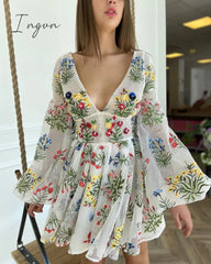 Ingvn - Women's Dress Spring Mesh Floral Embroidery Sexy V-Neck Dresses Cute Lantern Sleeve Mini Dress