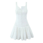 Front Button Hollow Out Embroidery White Tank Dress For Women Sleeveless Low Waist A-line Mini Holiday Summer Dresses