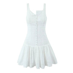 Front Button Hollow Out Embroidery White Tank Dress For Women Sleeveless Low Waist A-line Mini Holiday Summer Dresses