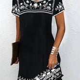 Vibrant Floral Print Short Sleeve A-Line Dress - Comfortable Crew Neck, Above Knee Length, Casual Chic Style for Spring & Summer - Women's Clothing for Everyday Wear