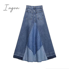 Ingvn - Women 2023 Fashion Denim Blue Skirts Highstreet Patchwork High Waist Midi Skirts A-Line Design Female Bottoms