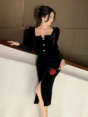 Sexy Vintage Velvet Black Dress for Women Autumn Long Sleeve Bodycon Evening Party Dresses Female Fashion Chic Prom Vestidos