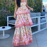 Women Elegant Flower Print Cake Layered Dress Sexy One Shoulder Sleeveless Bohemian Dress Fashion Waist Pleated Long Dress