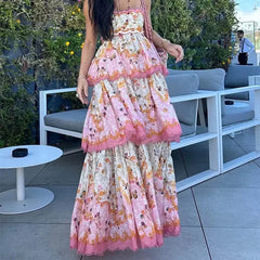 Women Elegant Flower Print Cake Layered Dress Sexy One Shoulder Sleeveless Bohemian Dress Fashion Waist Pleated Long Dress