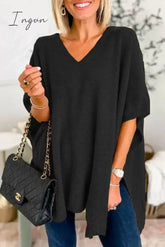 Ingvn - Casual Simplicity Solid Slit V Neck Tops
