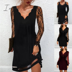 Ingvn - Women's Sexy Dress Autumn Elegant Lace Long Sleeve Mesh Patchwork Dresses V-neck Sequins Party Dress Office Lady Bodycon Dress