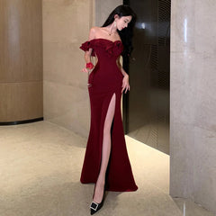 Vintage Red Sexy Backless Long Dresses Women Summer Elegant High Split Ruffles Luxury Evening Party Off Shoulder Female Clothing