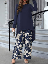 Two Piece Set: Solid Long Sleeve Crew Neck Top & Floral Print Wide Leg Pants for Spring & Fall, Women's Elegant Outfits