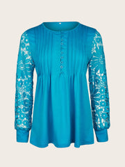 Vibrant Lace Accent Pleated Front Long Sleeve T-Shirt - Chic Button V Neck, Casual Everyday Wear, Soft Fabric, Flattering Fit, Women's Stylish Clothing for Daily Life