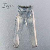 Ingvn - Embroidered High Waist Jeans Women's Summer Heavy Industry Beads Loose Slimming Holes Harem Pants Cropped Baggy Denim Pants