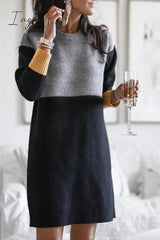 Ingvn - Loose Round Neck Paneled Mini Dress(5 Colors)
