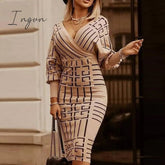 Ingvn - Women Deep V-Neck Striped Plaid Party Dress Long Sleeve Spring Autumn Casual Ladies Hip Dress Skinny Sweet Streetwear Vestidos