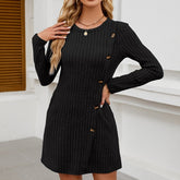 Fall 2024 Women's Sweater Dresses Fashion Buttoned Side Tunic Dresses Long Sleeved Round Neck Mini Slip Skirts with Pockets Dress Fall 2024 Women's Clothing