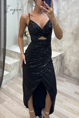 Ingvn - Sexy Party Solid Sequins Sequined V Neck Irregular Dress Dresses
