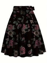 Floral Print High Waist Skirt, Elegant Belted Flared Midi Skirt, Women's Clothing