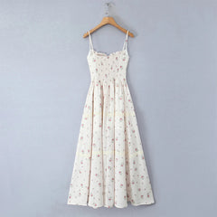Elegant Women French Style Lace Trim Floral Print Sling Long Dress Sexy Thin Straps A-line Summer Dresses Holiday Robe