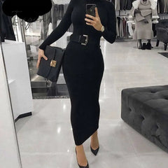 Ingvn - Turtleneck Long Dress Autumn Winter Muslim Elegant Office Lady Skinny Long Sleeve Bodycon Casual Dress Women Midi Clubwear GV464