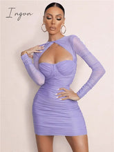 Ingvn - Hollow Out Ruched Sexy Mini Dress For Women Robe New Two Layer Mesh Sheer Long Sleeve Bodycon Sexy Party Short Dress