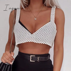 Ingvn - Trends High Street Deep V Neck Pearl Vest Women Fashion Crop Top Ladies White Sleeveless Sexy Club Tank Top Blusas