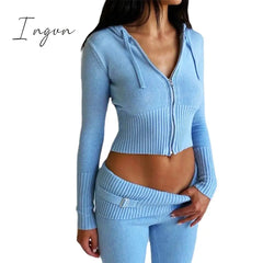 Ingvn - Spring New Hoodie Cropped Top And Pants Sets High Waist Flare Pants Suits Pink Knitted Womens Y2k Two Piece Set