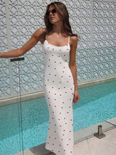 Elegant Heart Print Ribbed Maxi Dress Women Summer Y2K Trend Square Collar Backless Robe Daily Casual Fashion Outfits