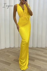 Ingvn - Sexy Solid Patchwork Pleated V Neck Long Dress Dresses