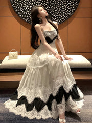 Vintage Fashion Women's Black Beige Patchwork Elegant Pleated Evening Party Dress French Summer Sleeveless Backless Slip Dresses