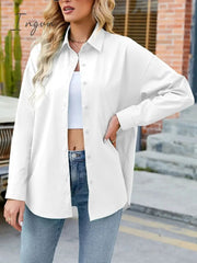 Ingvn - Women's Cotton Shirt Blouse Women 2023 Elegant Spring Candy Colors Basic Top Turn-down Collar Long Sleeve Solid Button Blouses