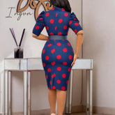 Ingvn - Elegant Office Dresses for Ladies 2023 Business Dot Printed High Waisted Short Sleeve Mid Calf Fashion Work Wear Cloth Dress OL