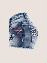 Women's High-stretch Single-breasted American Flag Patchwork Raw Hem Distressed Independence Day Outfit 4th Of July Embroidered Ripped Denim Shorts