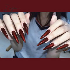 24Pcs 3D Long Almond False Nails Red Nude Ballet Stiletto Wearable Fake Nails MilkTea Color Jelly Full Cover Press On Nail Tips