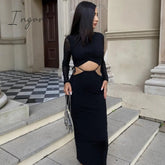 Ingvn - Elegant Sexy Cut Out Two Piece Set Top and Skirt Outfits for Women Ruched Bandage Tie Up Midi Skirts Co-Ords Sets