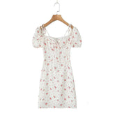 Sexy Elegant Women French Style Floral Print Dress Vintage Puff Sleeve Female Summer Holiday Party Dresses Slim Mini Robe