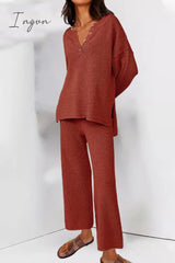 Ingvn - Simplicity Solid Buttons O Neck Long Sleeve Two Pieces