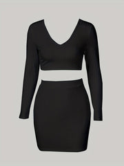 Two-piece Set, Long Sleeve V Neck Crop Tops & Bag Hip Skirts Outfits, Solid Sexy Women's Clothing